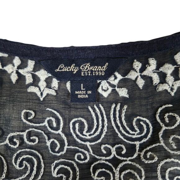 Lucky Brand Embroidered Linen Top Size Large Navy Blue Lace Bohemian - Picture 3 of 9